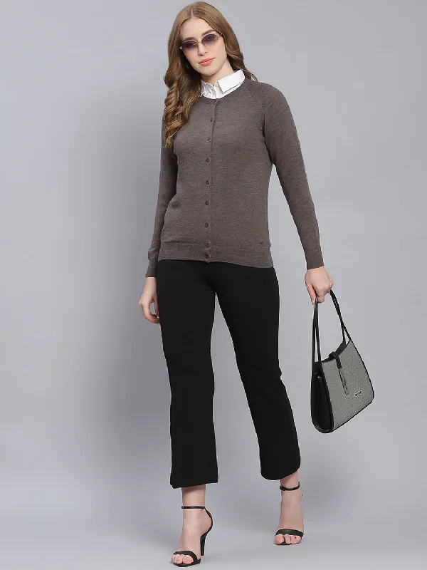 Women Grey Solid Round Neck Full Sleeve Cardigans