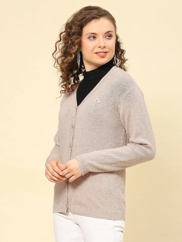 Women Grey Solid V Neck Full Sleeve Cardigans