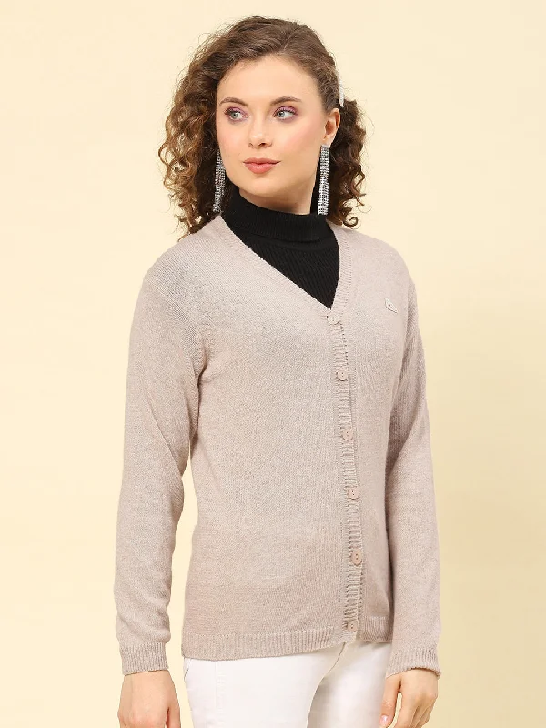 Women Grey Solid V Neck Full Sleeve Cardigans