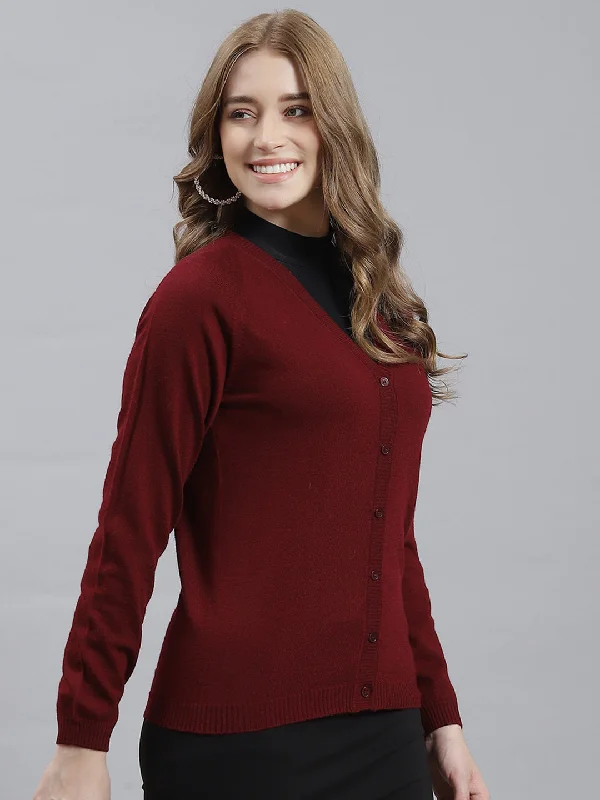 Women Maroon Solid Cardigan