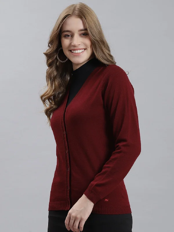 Women Maroon Solid Cardigan