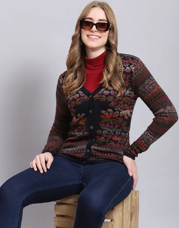 Women Navy Blue Self Design V Neck Full Sleeve Cardigan