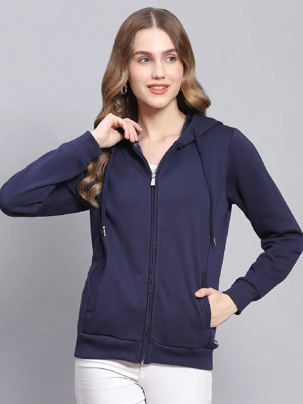 Women Navy Blue Solid Hooded Full Sleeve Sweatshirts