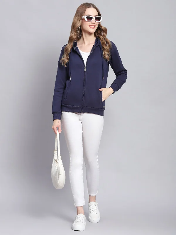 Women Navy Blue Solid Hooded Full Sleeve Sweatshirts