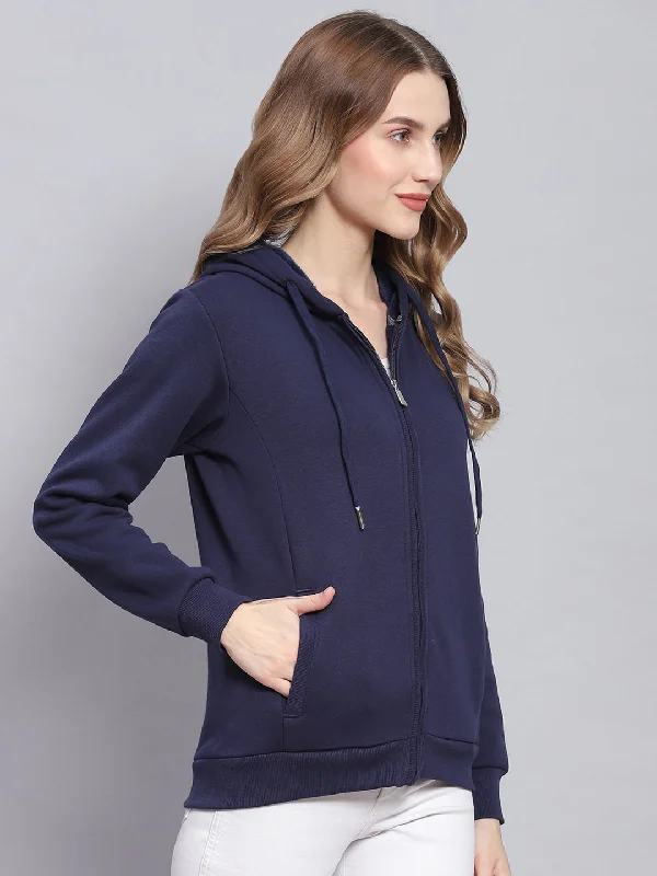 Women Navy Blue Solid Hooded Full Sleeve Sweatshirts