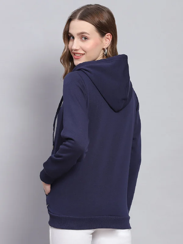 Women Navy Blue Solid Hooded Full Sleeve Sweatshirts