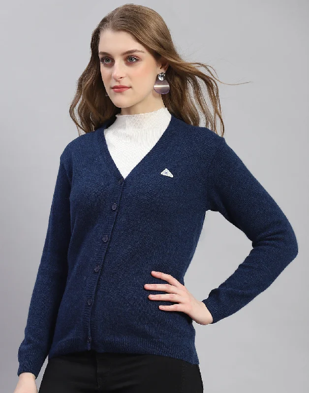 Women Navy Blue Solid V Neck Full Sleeve Cardigan