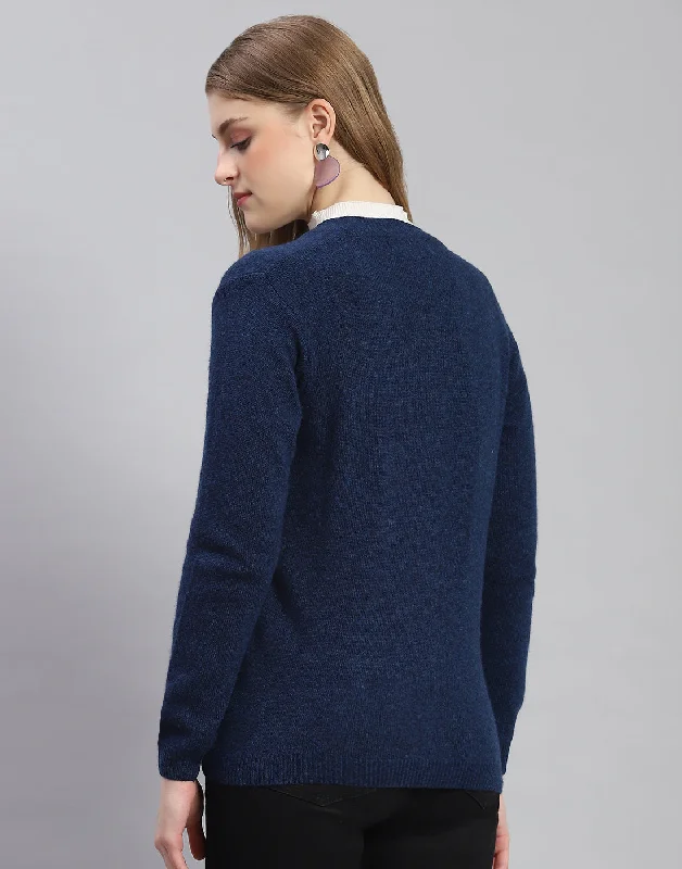 Women Navy Blue Solid V Neck Full Sleeve Cardigan