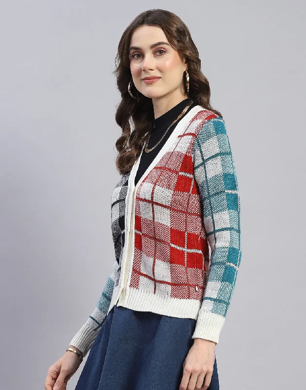 Women Off White Check V Neck Full Sleeve Cardigan