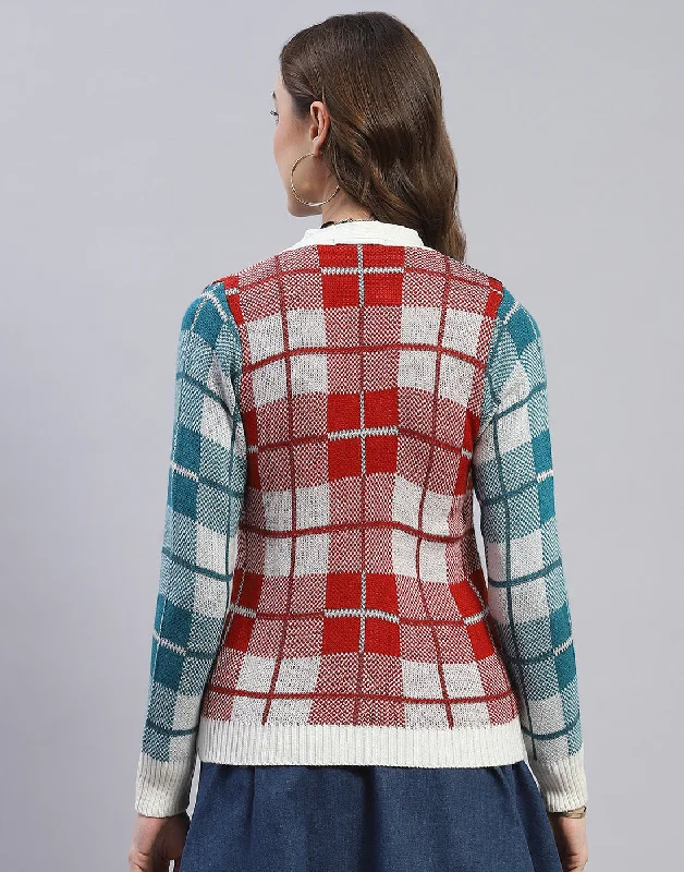 Women Off White Check V Neck Full Sleeve Cardigan