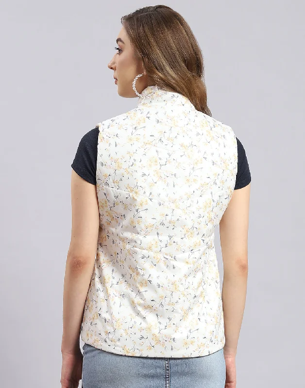 Women Off White Printed Stand Collar Sleeveless Jacket