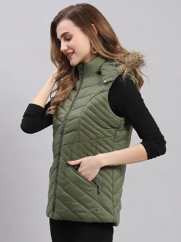 Women Olive Solid Hooded Sleeveless Jackets