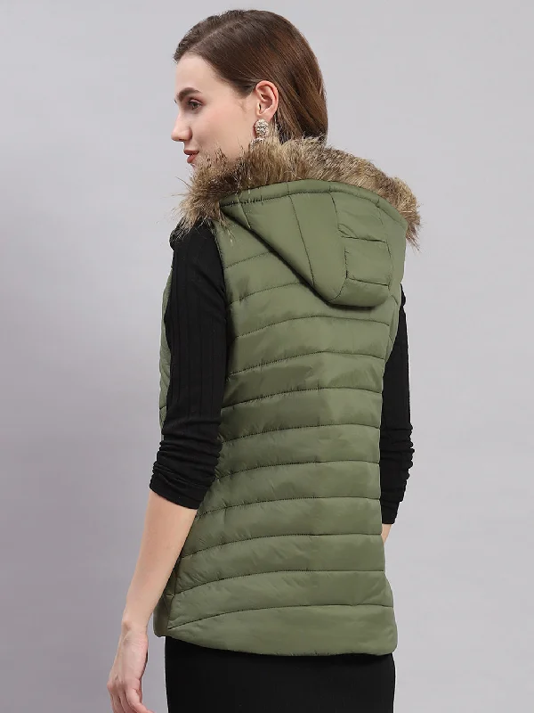 Women Olive Solid Hooded Sleeveless Jackets