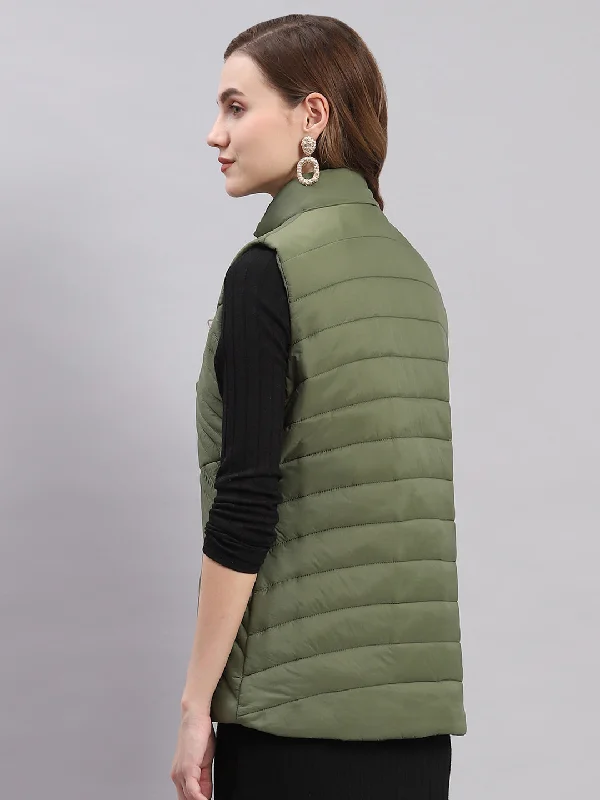 Women Olive Solid Hooded Sleeveless Jackets