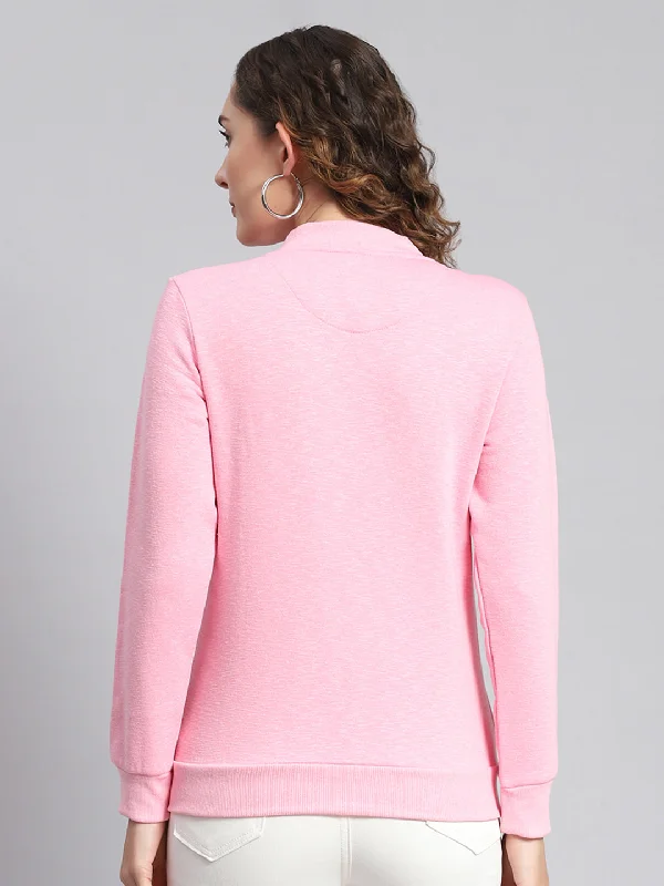 Women Pink Solid Mandarin Collar Full Sleeve Sweatshirts