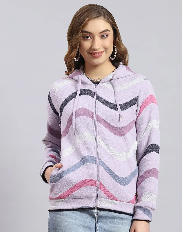 Women Purple Printed Hooded Full Sleeve Sweatshirt