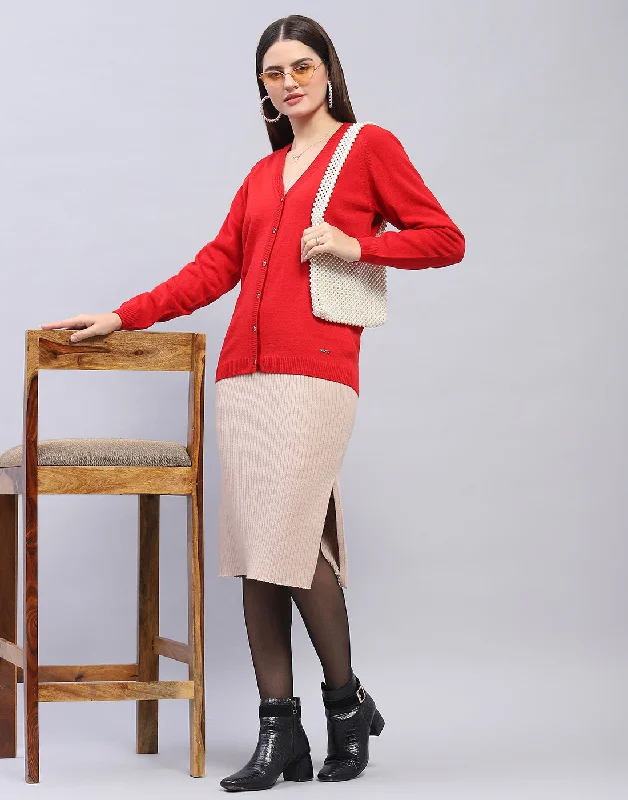 Women Red Solid V Neck Full Sleeve Cardigan