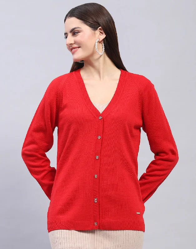 Women Red Solid V Neck Full Sleeve Cardigan