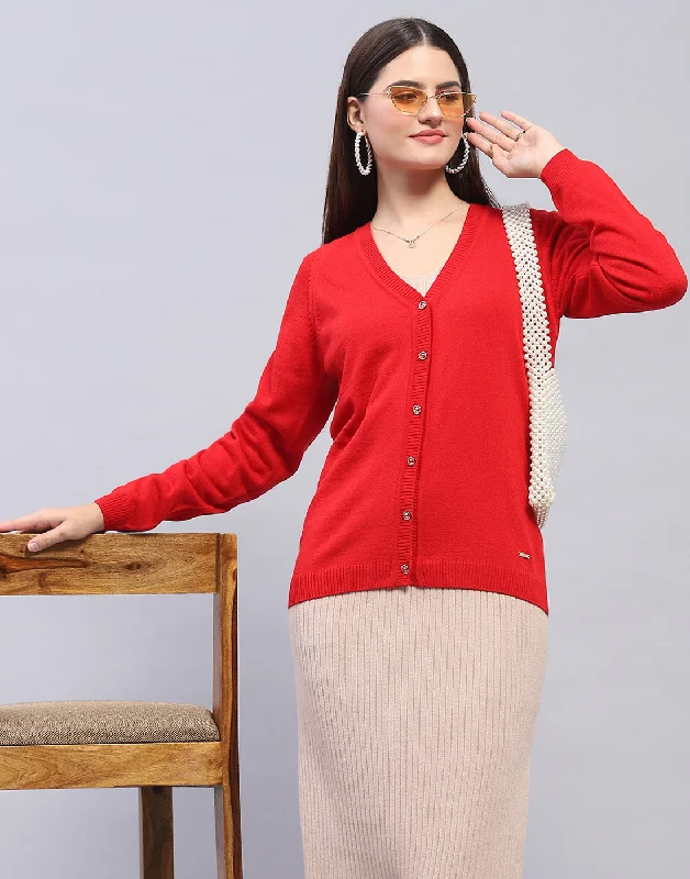 Women Red Solid V Neck Full Sleeve Cardigan