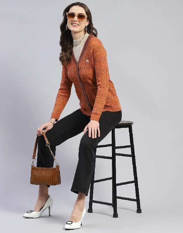 Women Rust Self Design V Neck Full Sleeve Cardigan