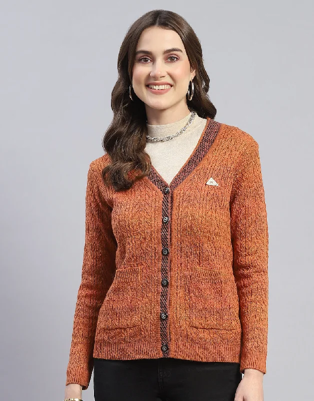 Women Rust Self Design V Neck Full Sleeve Cardigan