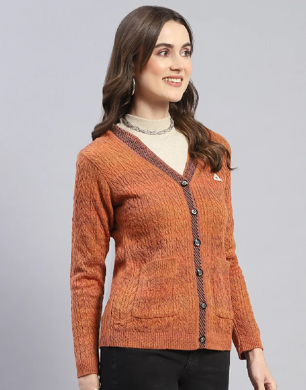 Women Rust Self Design V Neck Full Sleeve Cardigan