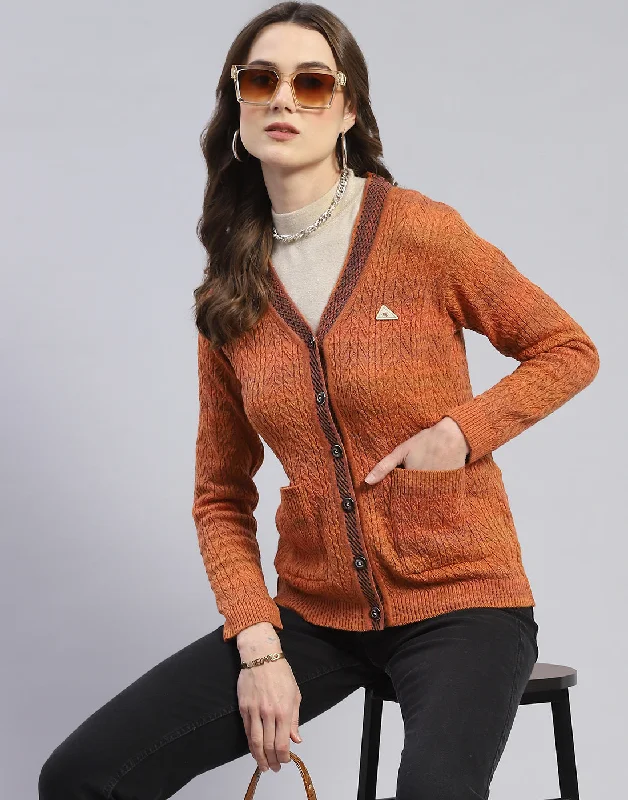 Women Rust Self Design V Neck Full Sleeve Cardigan