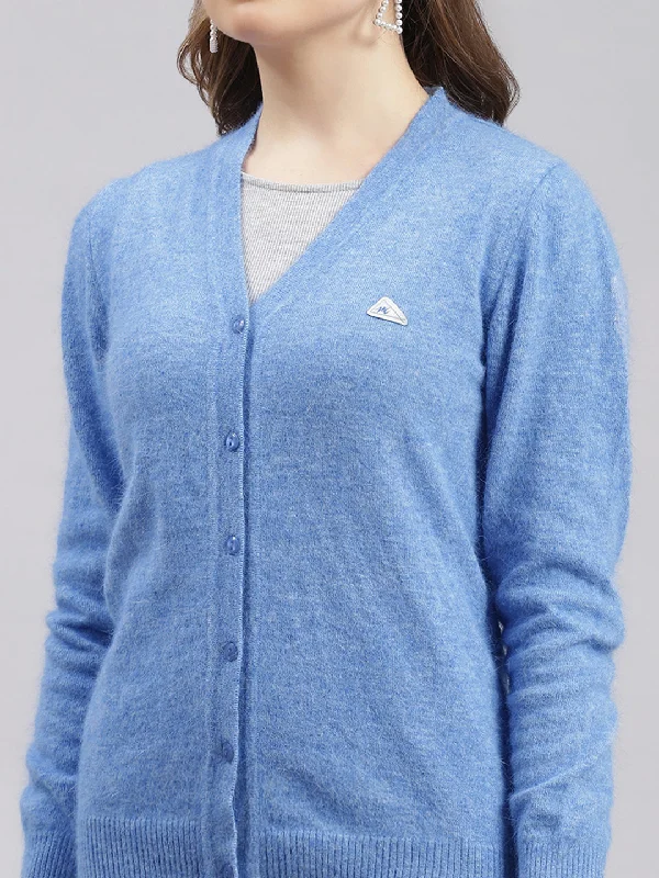 Women Sky Blue Solid Angoora Cardigan