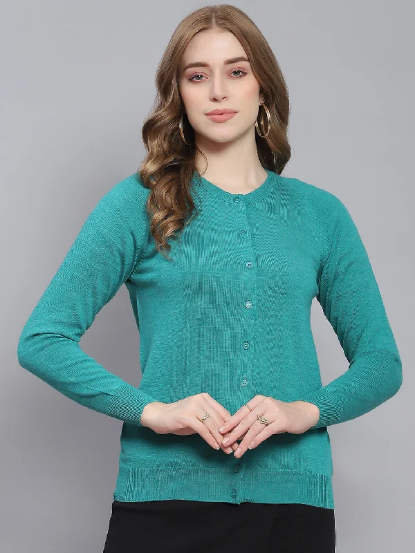 Women Turquoise Blue Solid Round Neck Full Sleeve Cardigans