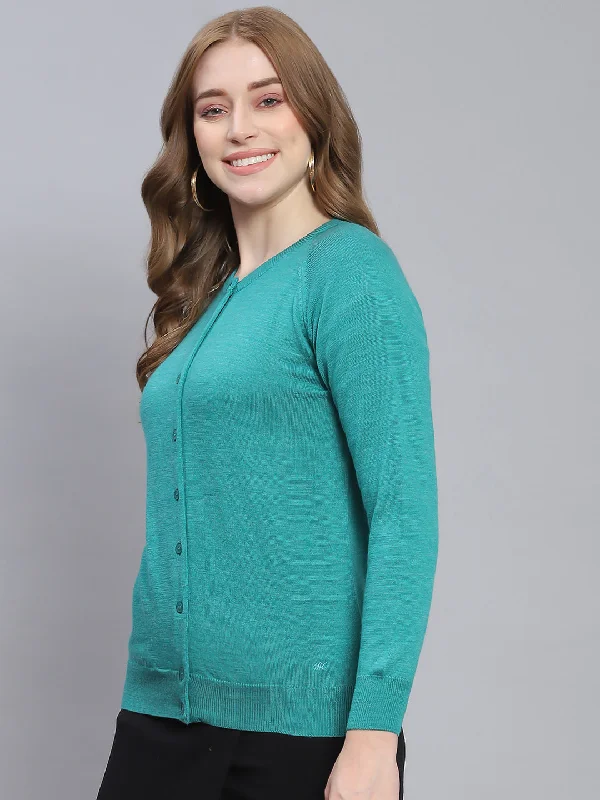 Women Turquoise Blue Solid Round Neck Full Sleeve Cardigans