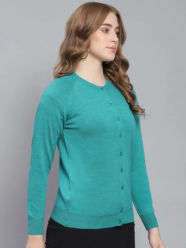 Women Turquoise Blue Solid Round Neck Full Sleeve Cardigans