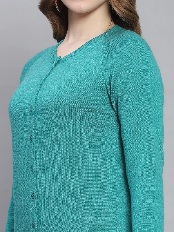 Women Turquoise Blue Solid Round Neck Full Sleeve Cardigans