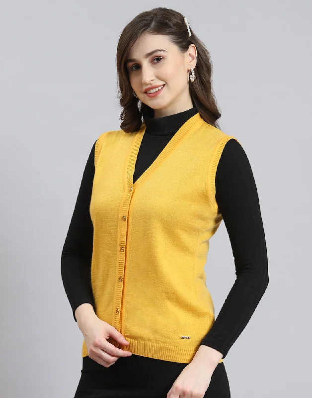 Women Yellow Solid V Neck Sleeveless Cardigan