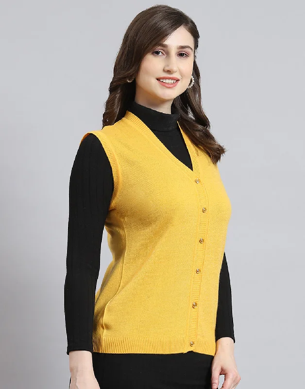 Women Yellow Solid V Neck Sleeveless Cardigan