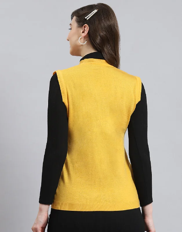 Women Yellow Solid V Neck Sleeveless Cardigan