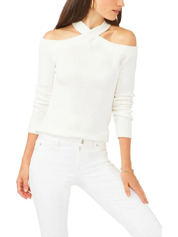 Womens Cold Shoulder Ribbed Knit Pullover Sweater