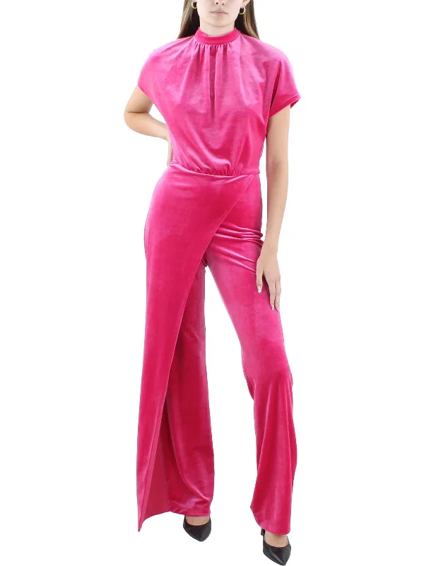 Womens Mock Neck Pleated Velvet Jumpsuit