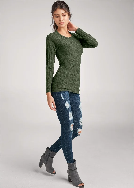 Ribbed twist back top - Olive