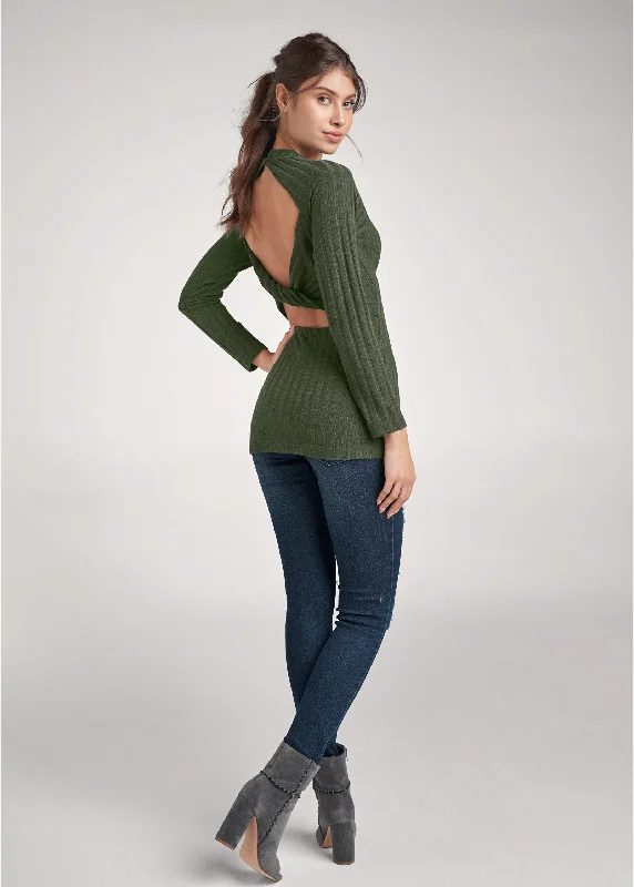 Ribbed twist back top - Olive