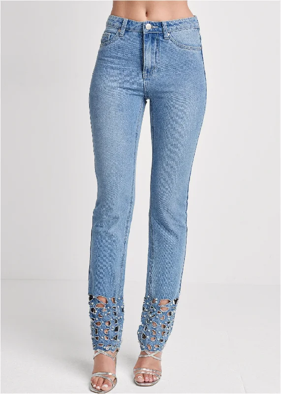 Laser cut straight leg jeans with pearl detail - Light Wash