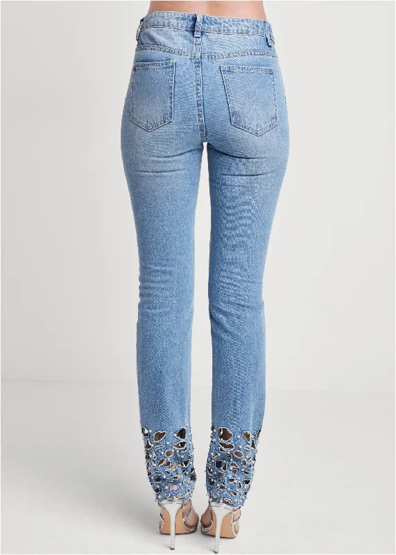 Laser cut straight leg jeans with pearl detail - Light Wash