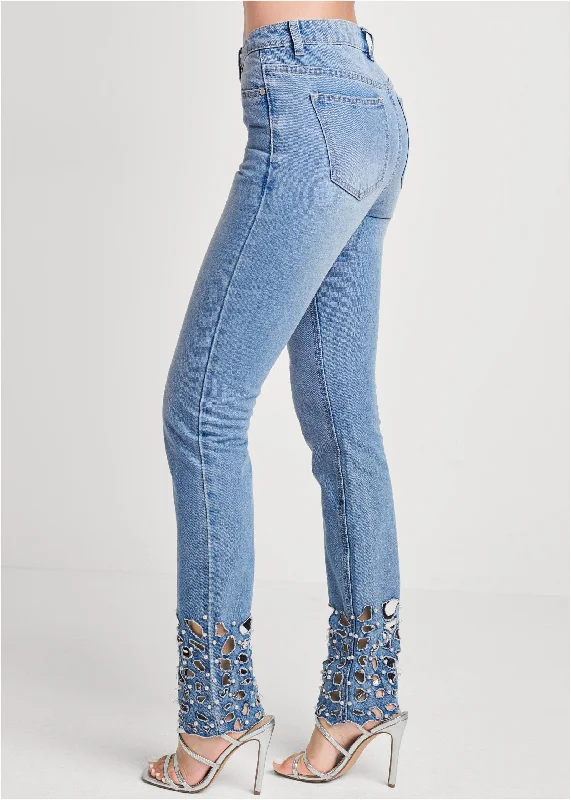 Laser cut straight leg jeans with pearl detail - Light Wash