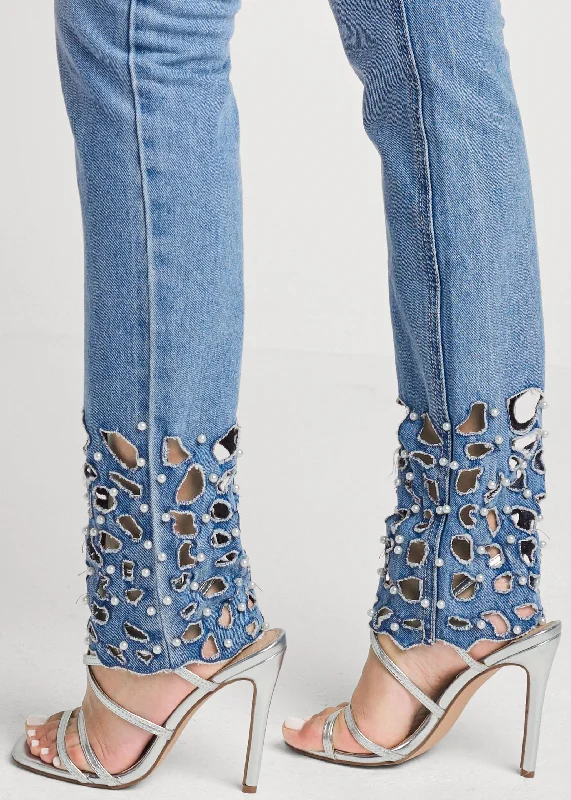 Laser cut straight leg jeans with pearl detail - Light Wash