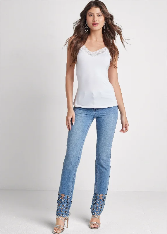 Laser cut straight leg jeans with pearl detail - Light Wash