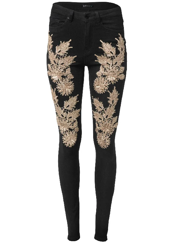 Floral embellished jeans - Black Multi