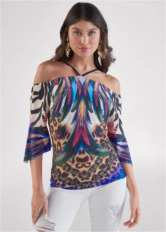 Jungle party cold-shoulder top - Purple Multi