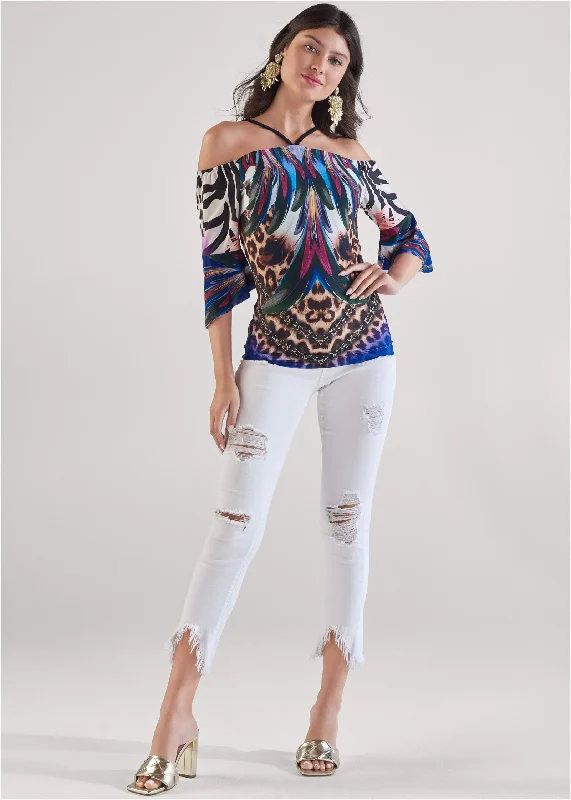 Jungle party cold-shoulder top - Purple Multi