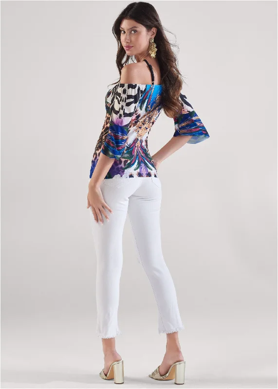 Jungle party cold-shoulder top - Purple Multi