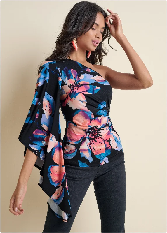 One-shoulder printed top - Black Multi