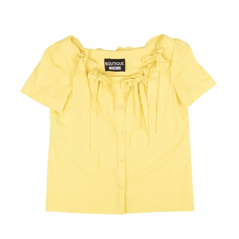 Yellow Bow Accented Show Sleeve Blouse